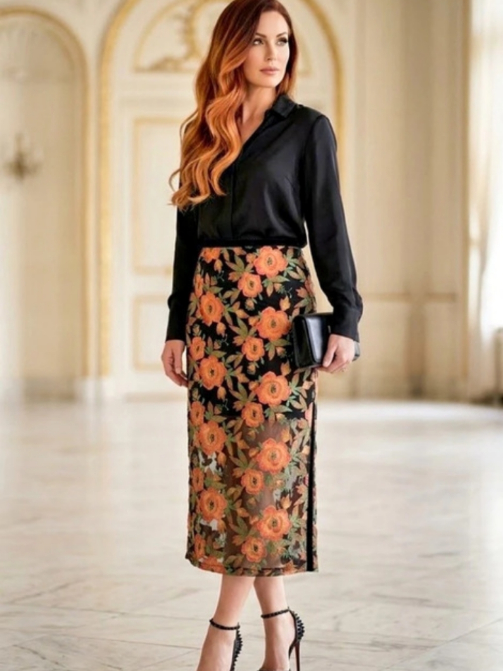 TOPSHOP💐Pretty EMBROIDERED Floral Midi Black&Orange Sheer KneesToHem SzM/L